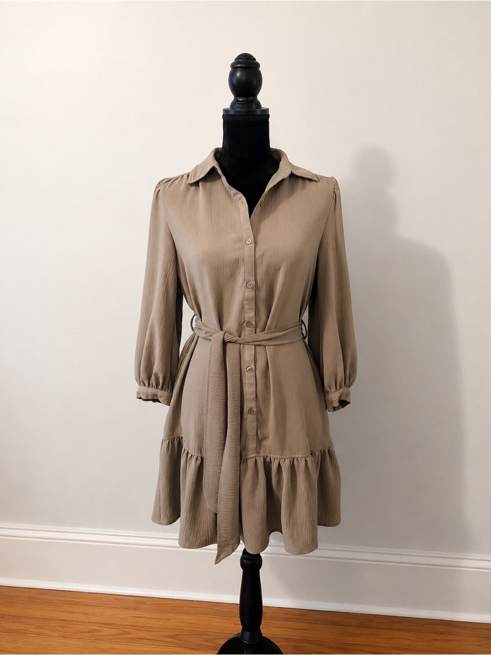 Max Studio Taupe Button-Front Tie-Waist Mini Dress
